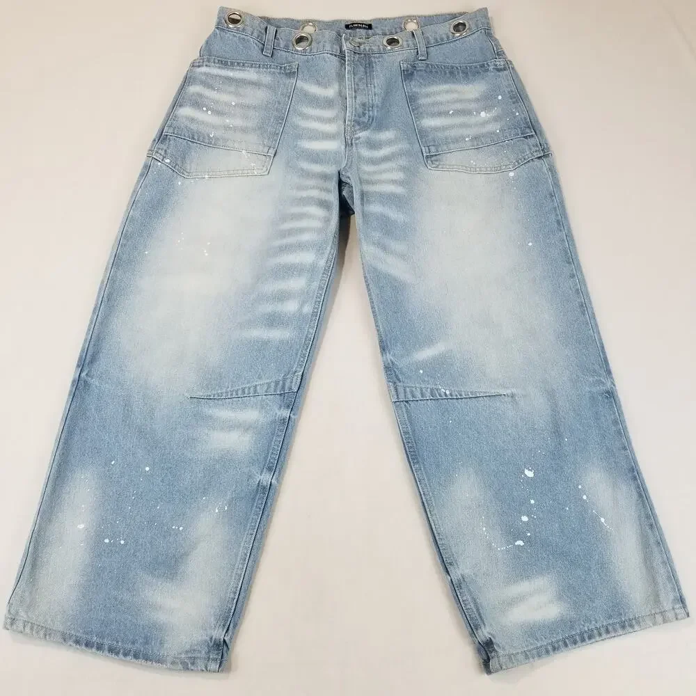 Flamingals Jeans Womens XL Moxie Barrel Low Slung Paint Splatter Grommet Tie - Picture 2 of 12